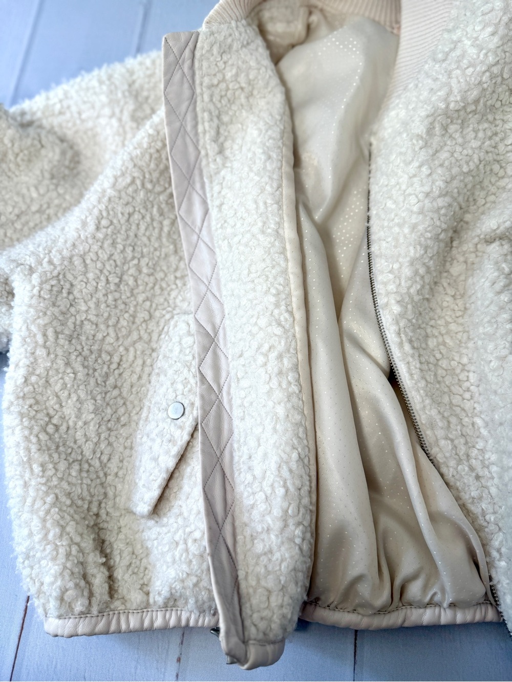 Anthropologie Womens Large Sherpa Jacket Cream Teddy Fleece Cropped Zip Coat - Picture 13 of 14